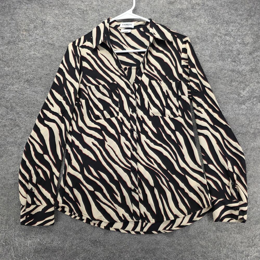 Express Portofino Shirt Womens S Beige Animal Print Button-Up Slim Polyester